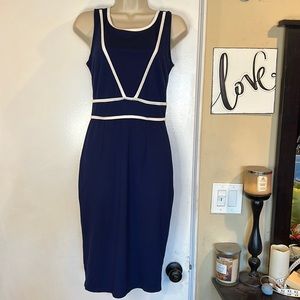 NEW MUSHARE Women’s Sleeveless Navy Blue Dress With Cream Piping